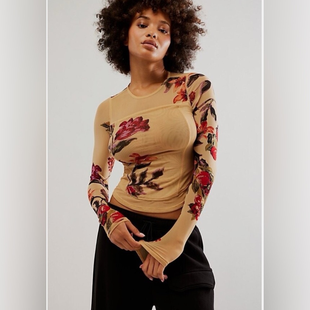 Free People Betty’s Garden Mesh Top Sepia Combo M
